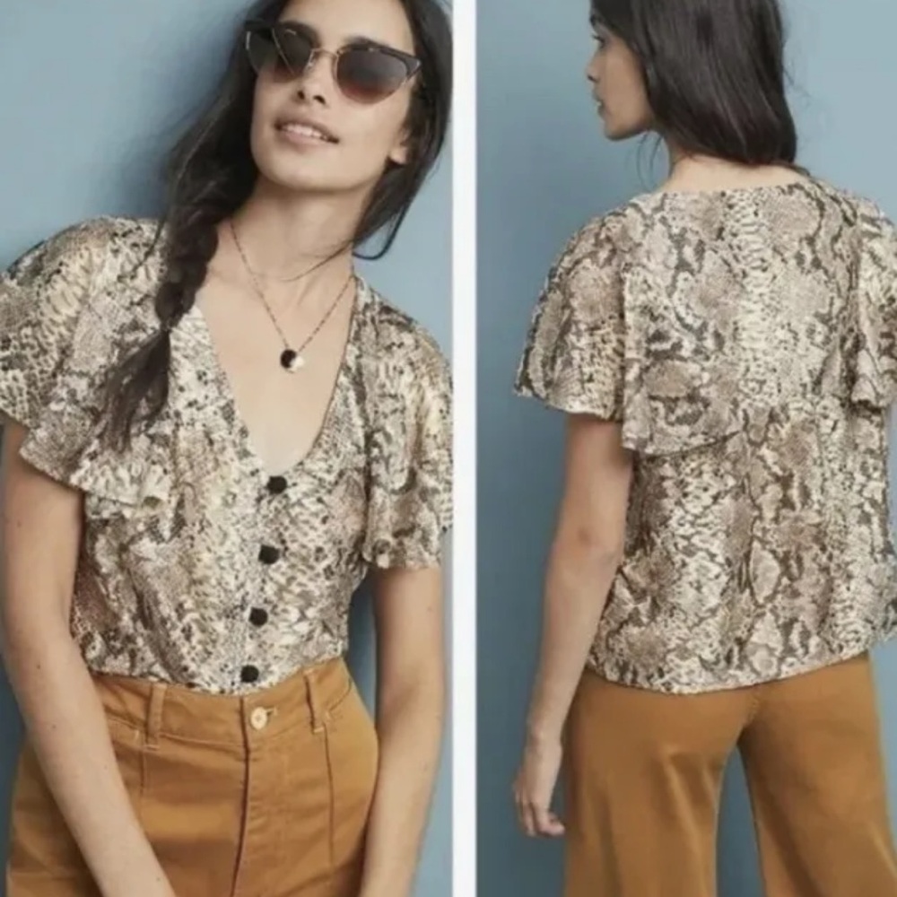 Eva Franco Anthropologie Flutter Sleeve Lace Snakeskin Top